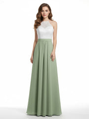 Chiffon Long Dresses with Ivory Lace Bodice-Dusty Sage