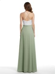 Chiffon Long Dresses with Ivory Lace Bodice-Dusty Sage