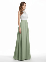 Chiffon Long Dresses with Ivory Lace Bodice-Dusty Sage