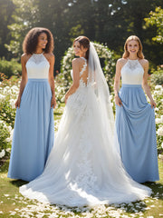 Chiffon Long Dresses with Ivory Lace Bodice-Dusty Sage