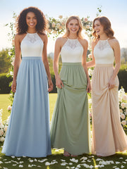Chiffon Long Dresses with Ivory Lace Bodice-Dusty Sage