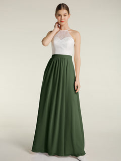 Chiffon Long Dresses with Ivory Lace Bodice-Olive Green