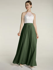 Chiffon Long Dresses with Ivory Lace Bodice-Olive Green