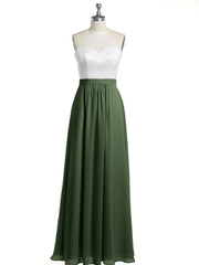 Chiffon Long Dresses with Ivory Lace Bodice-Olive Green