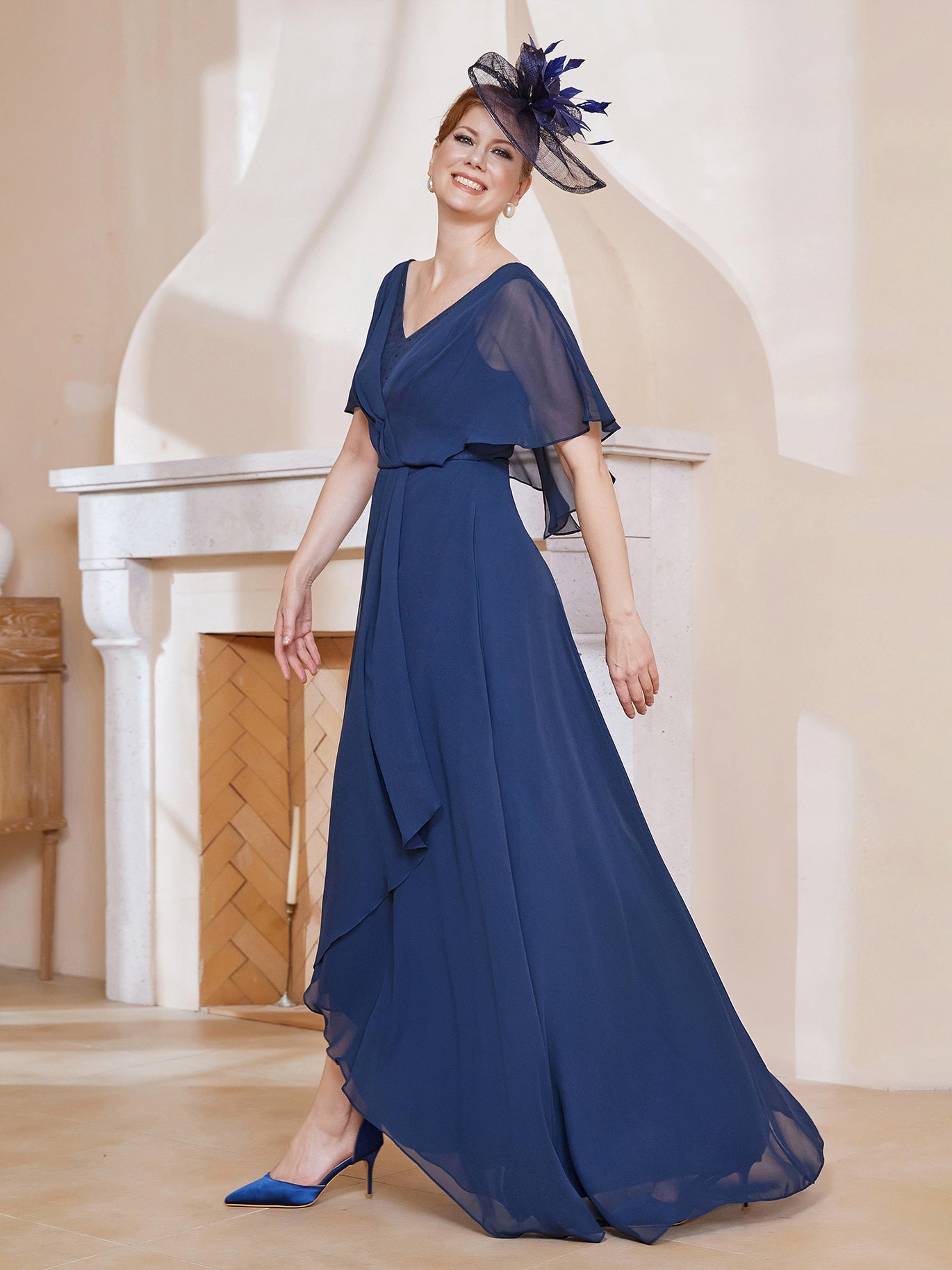 BABARONI Mother of the Bride Dress - V-Neck Flutter Sleeve Asymmetrical Chiffon Gown BABARONI Mother of the Bride Dress - V-Neck Flutter Sleeve Asymmetrical Chiffon Gown