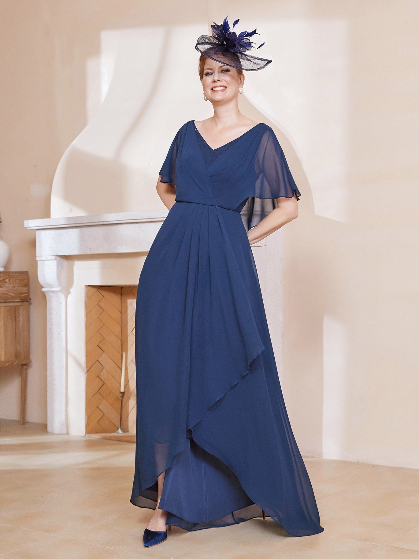 BABARONI Chiffon Dark Navy Mother of the Bride Dresses A-line V-neck  Flutter Sleeve Asymmetrical