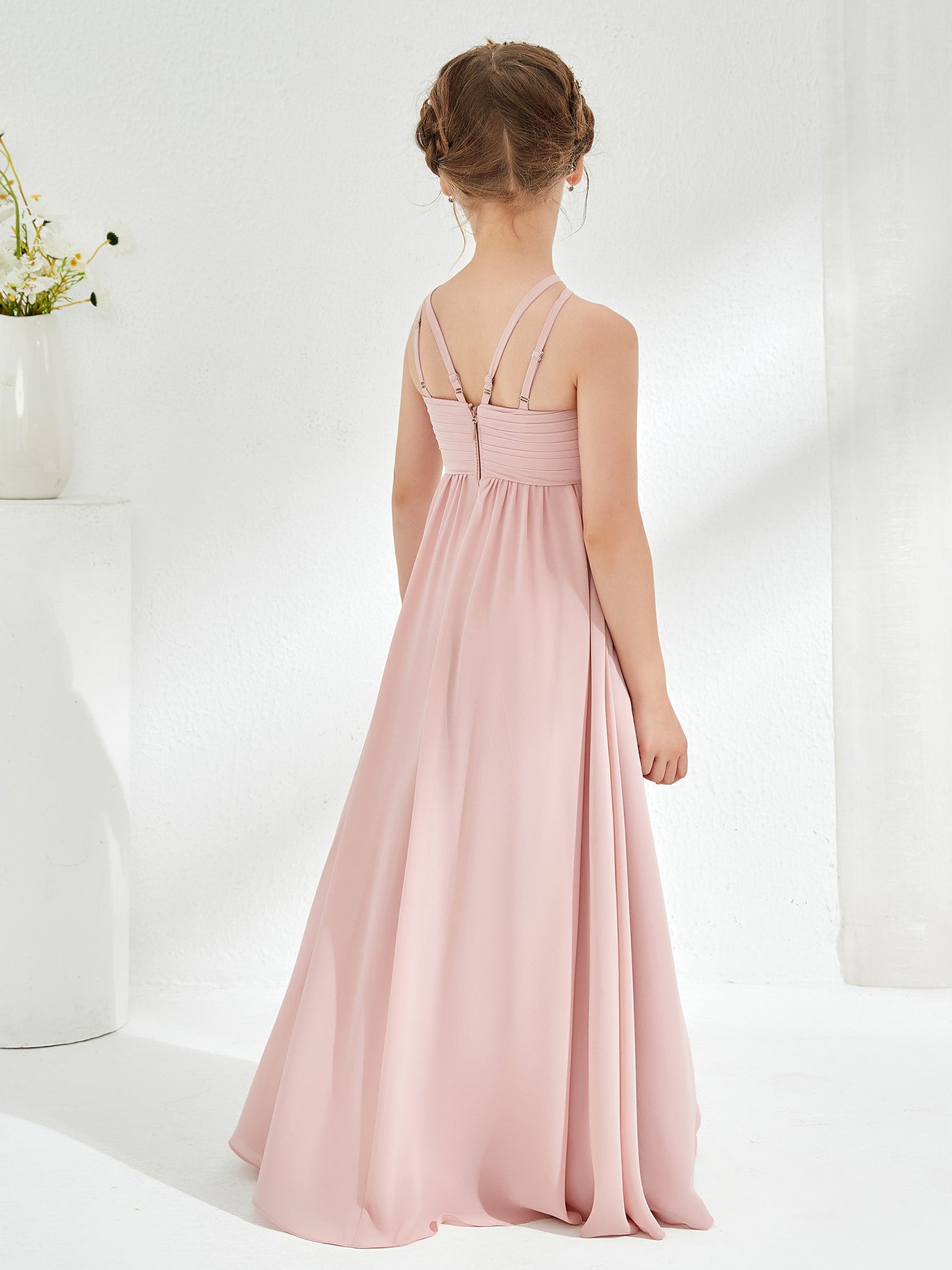 Halter With Double Straps Long Junior Bridesmaid Dress Green