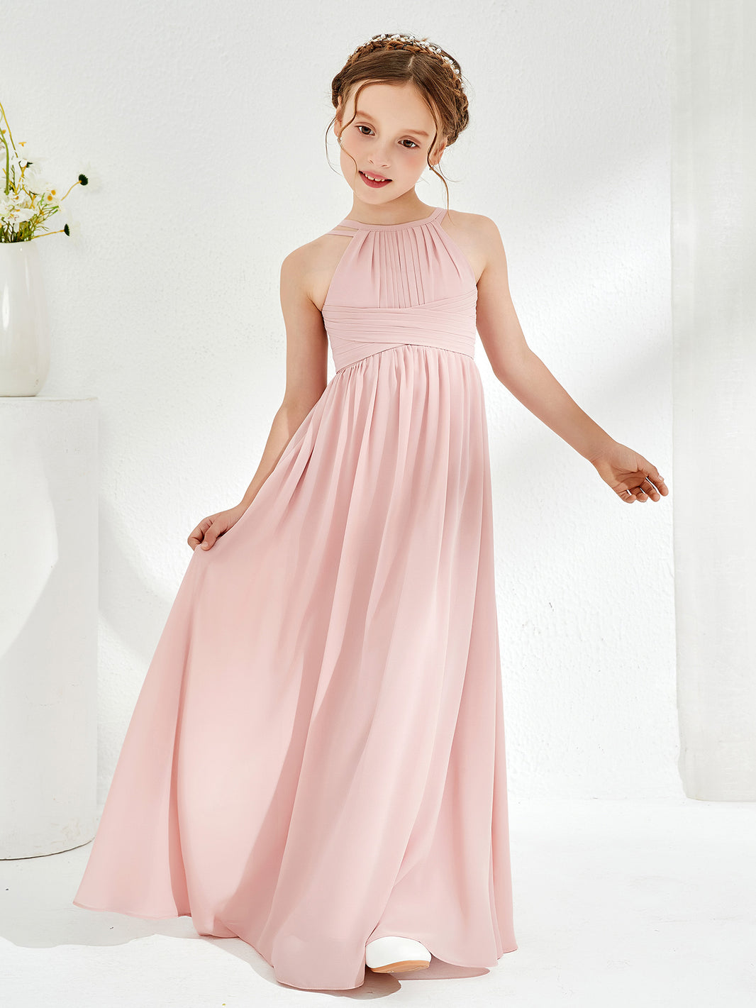 Simple Sleeveless Empire Waist Long Junior Bridesmaid Dress Dusty Rose main image 0