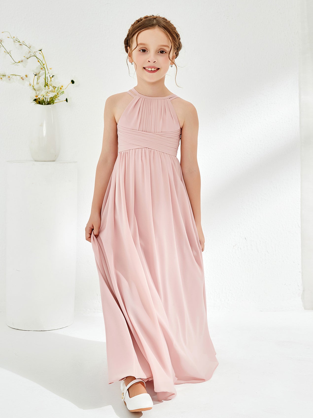 Halter With Double Straps Long Junior Bridesmaid Dress Burgundy main image 0