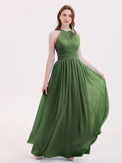 Double Strap Halter Long Chiffon Gowns-Olive Green