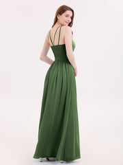 Double Strap Halter Long Chiffon Gowns-Olive Green