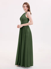 Double Strap Halter Long Chiffon Gowns-Olive Green