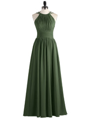 Double Strap Halter Long Chiffon Gowns-Olive Green