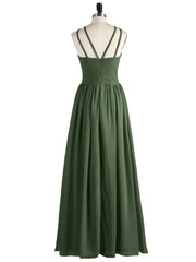 Double Strap Halter Long Chiffon Gowns-Olive Green
