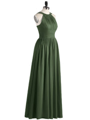 Double Strap Halter Long Chiffon Gowns-Olive Green