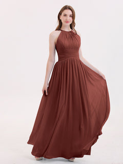 Double Strap Halter Long Chiffon Gowns-Terracotta