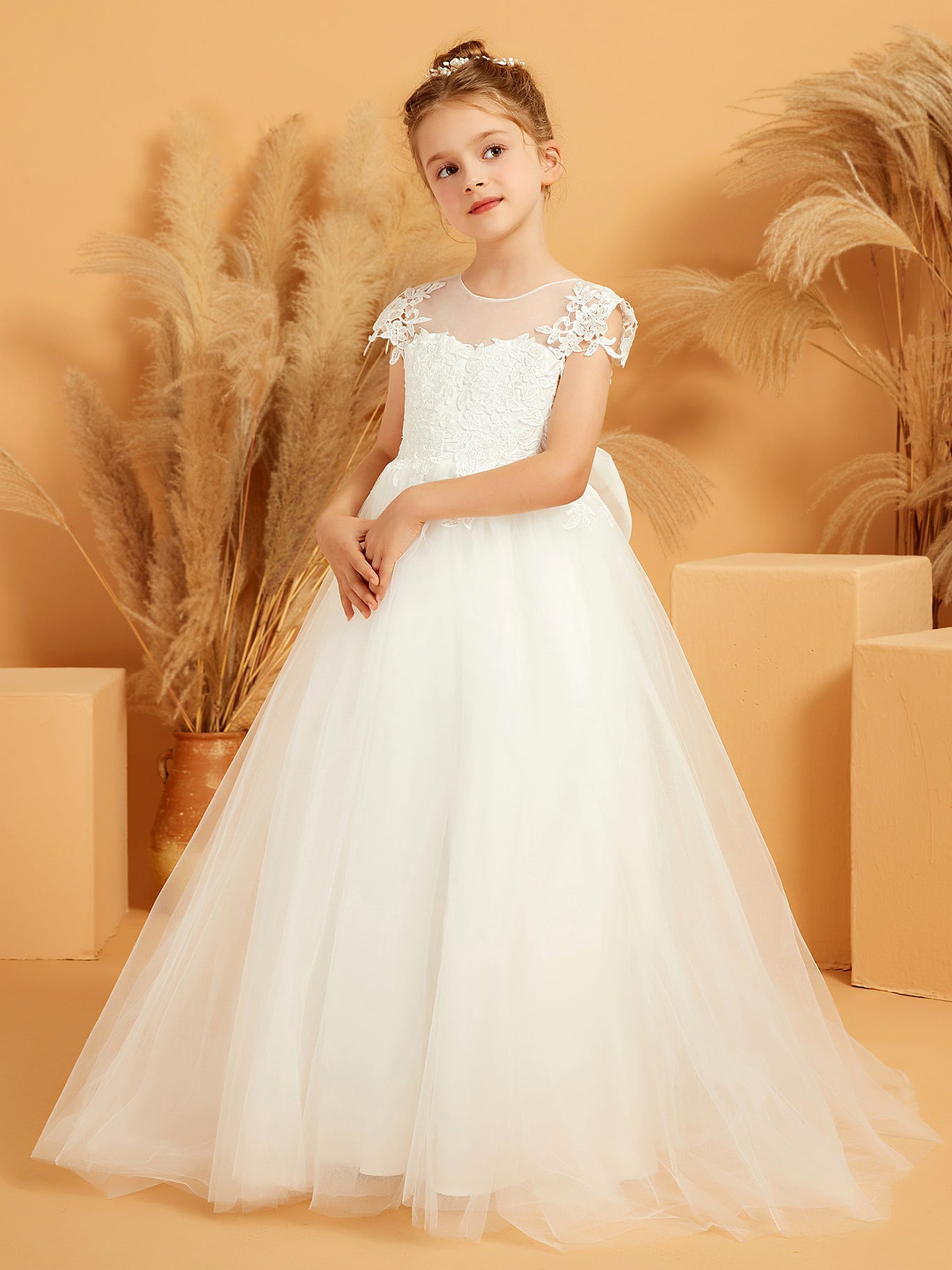 BABARONI Flower Girl Dress - Cap Sleeve Lace Applique Long Tulle Princess Gown