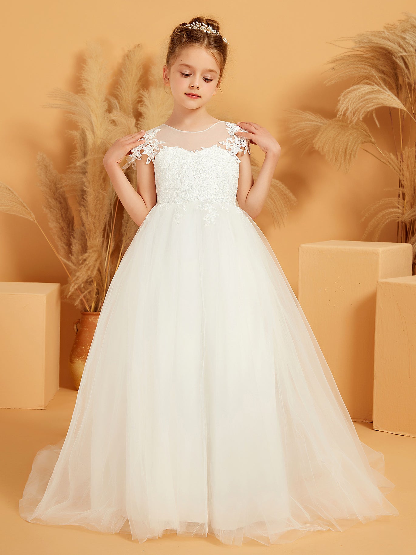 Cap Sleeve Applique Long Tulle Flower Girl Dress BABARONI Cap Sleeve Applique Long Tulle Flower Girl Dress BABARONI