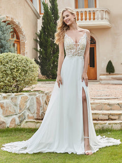 Chiffon And Lace  A-Line Wedding Dress With Buttons Ivory