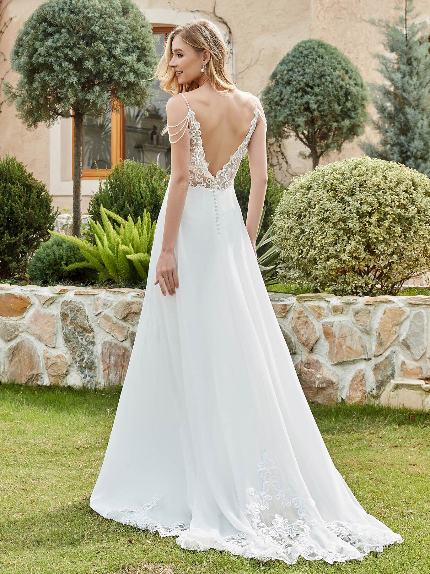 BABARONI Chiffon And Lace A-Line Wedding Dress With Buttons White, White / US0 BABARONI Chiffon And Lace A-Line Wedding Dress With Buttons White, White / US0