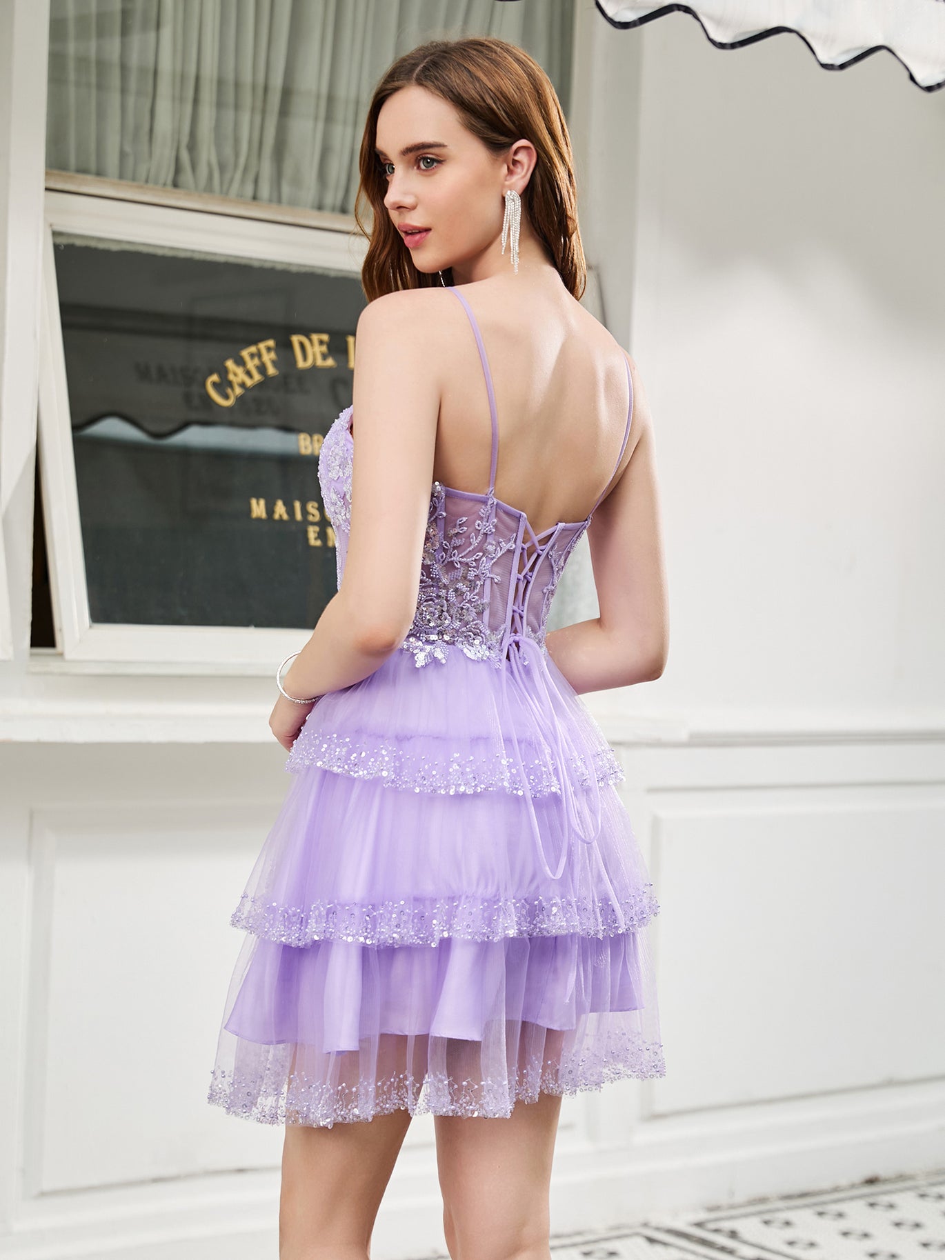 Lace Design Tiered Short Dress in Lavendar