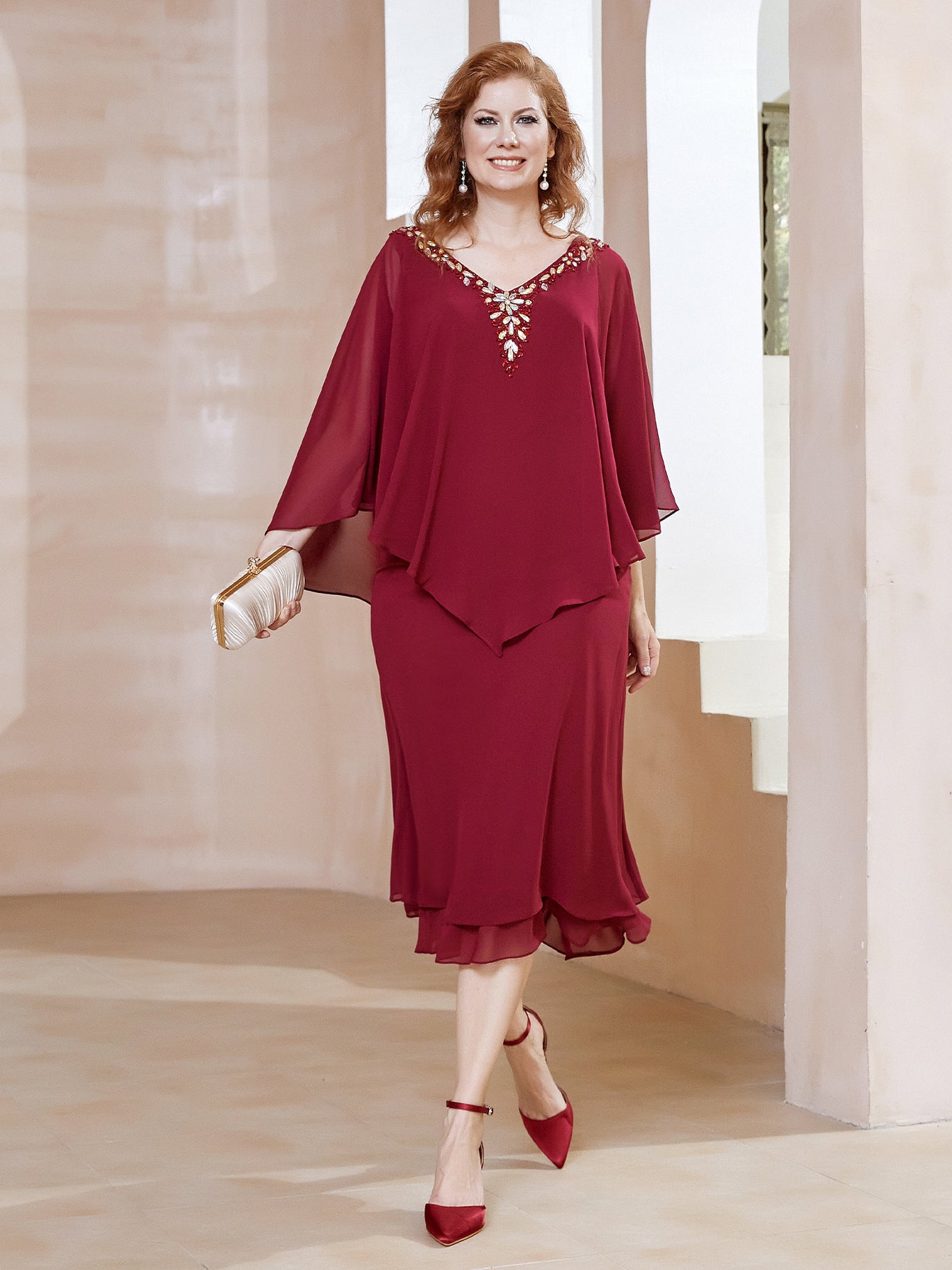burgundy chiffon dress BABARONI Midi Mother of the Bride Dress Chiffon V-Neck Flutter Sleeves Lady Formal Gowns