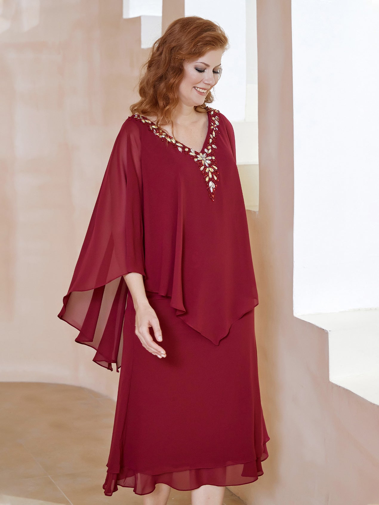 Bariloche Beas V Neck Belted Dress With Chiffon Balloon Sleeve Magenta