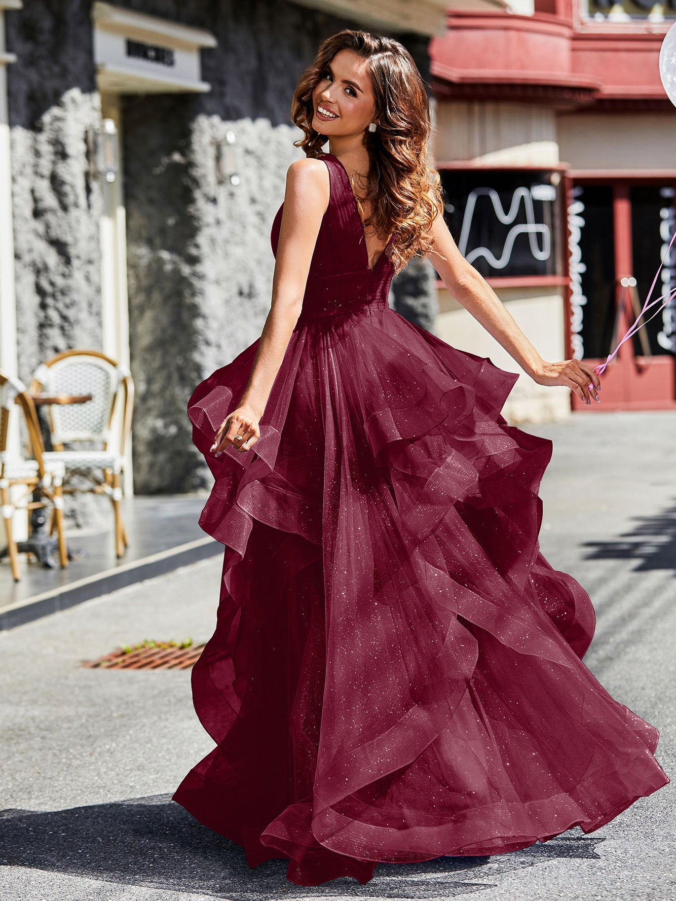 BABARONI Tulle Burgundy Prom Dresses A-line Plunging V-Neck Sleeveless Ruffle Pleated BABARONI Tulle Burgundy Prom Dresses A-line Plunging V-Neck Sleeveless Ruffle Pleated