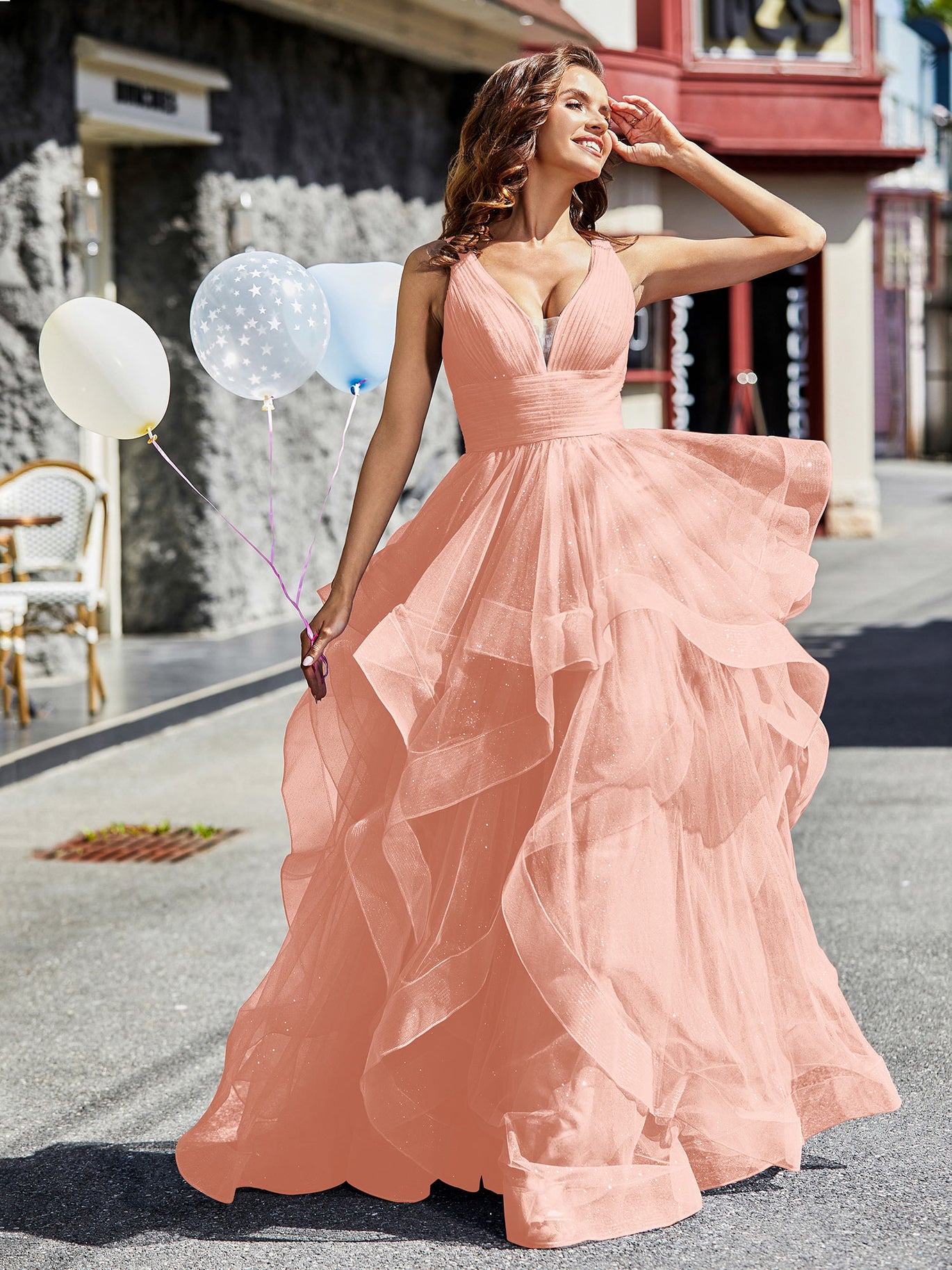 BABARONI BABARONI Tulle Coral Prom Dresses A-Line Plunging V-Neck Sleeveless Ruffle Pleated, Coral / US0 BABARONI BABARONI Tulle Coral Prom Dresses A-Line Plunging V-Neck Sleeveless Ruffle Pleated, Coral / US0