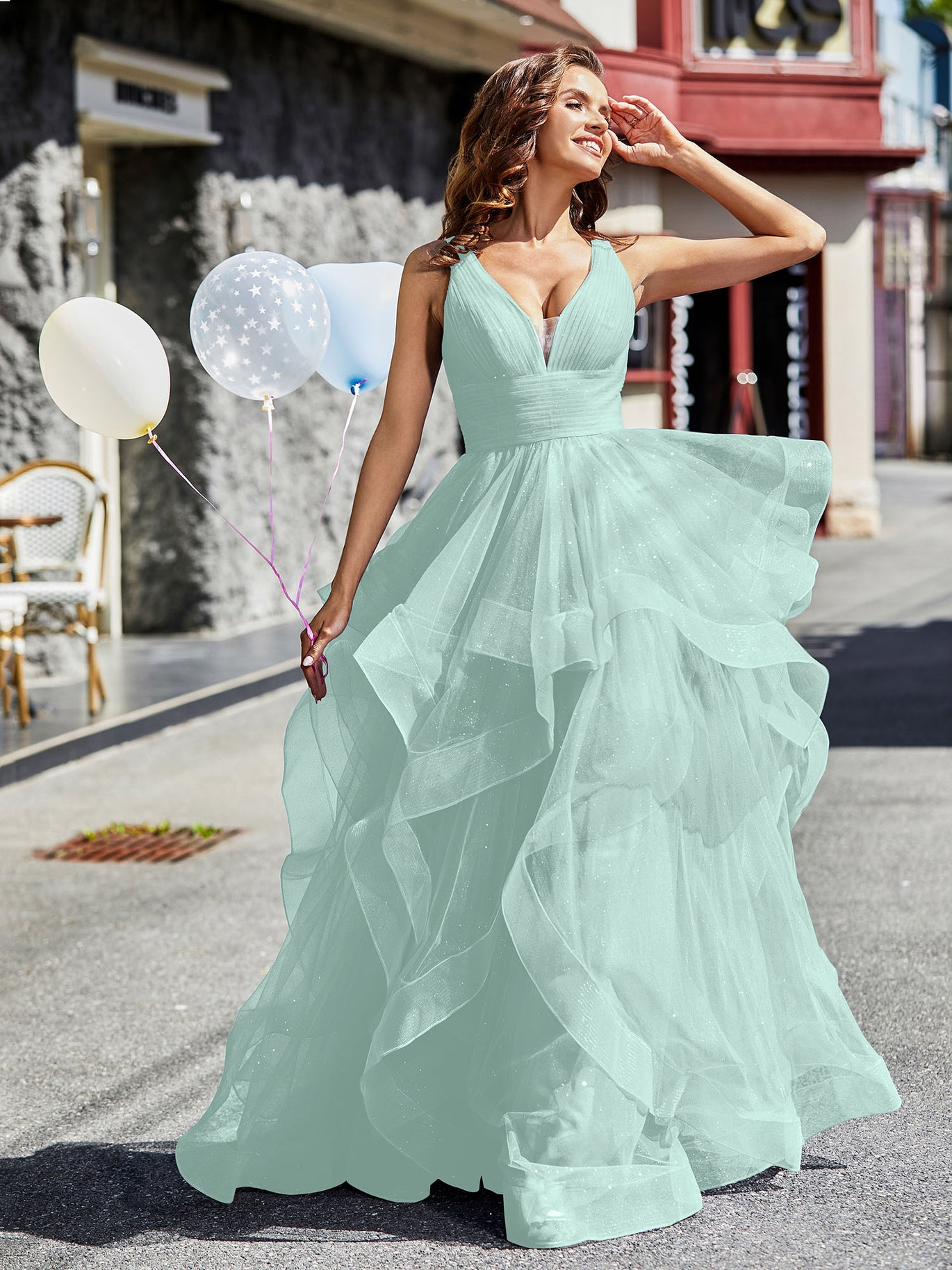 open lace back dress BABARONI Tulle Dusty Sage Prom Dresses A-line Plunging V-Neck Sleeveless  Ruffle Pleated