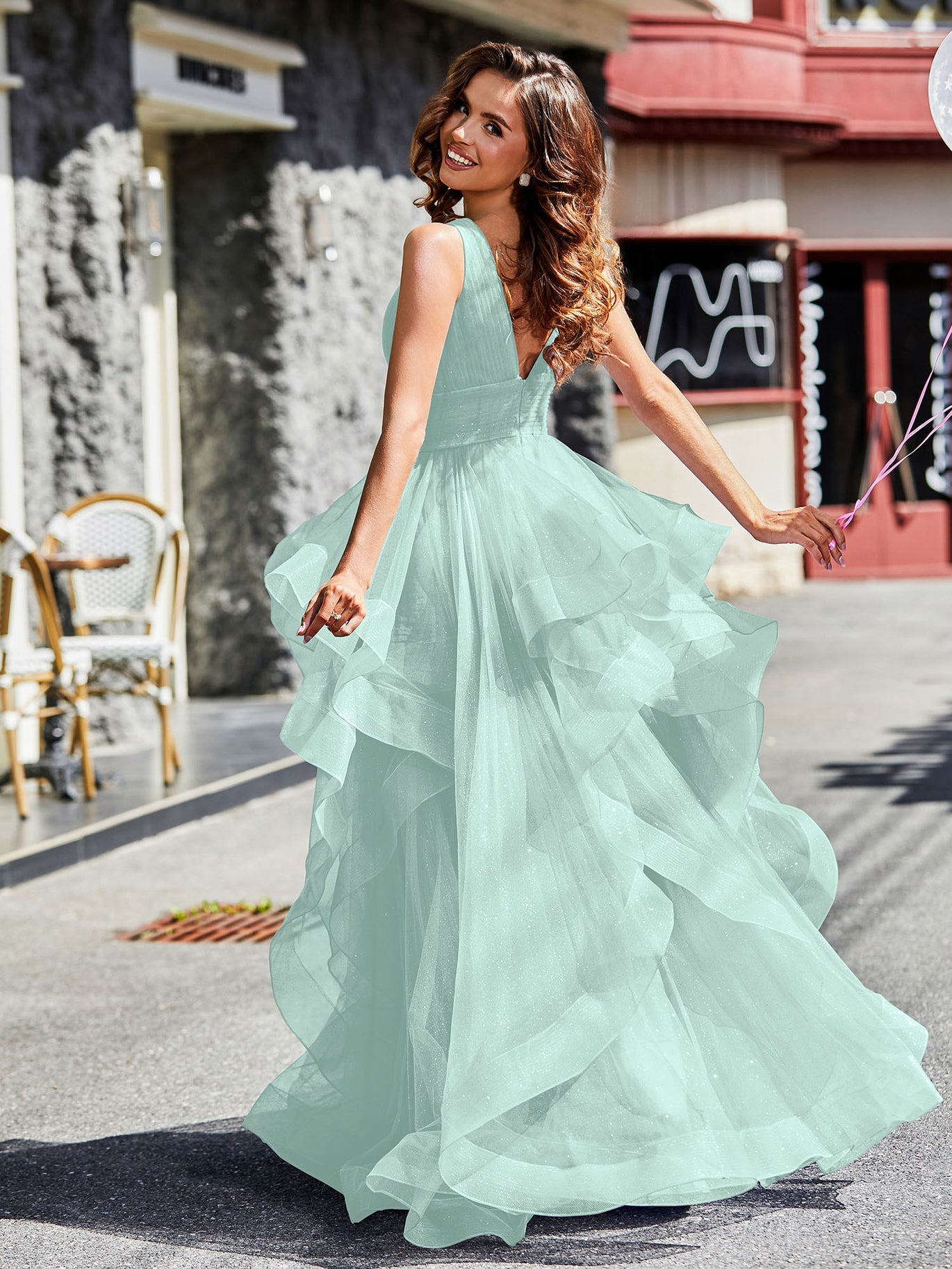 BABARONI BABARONI Tulle Dusty Sage Prom Dresses A-Line Plunging V-Neck Sleeveless Ruffle Pleated, Dusty Sage / US0