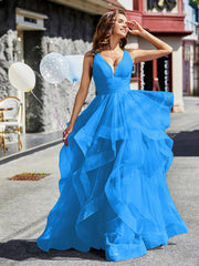 V-Neck Sleeveless Tulle Ball Gown Olive Green