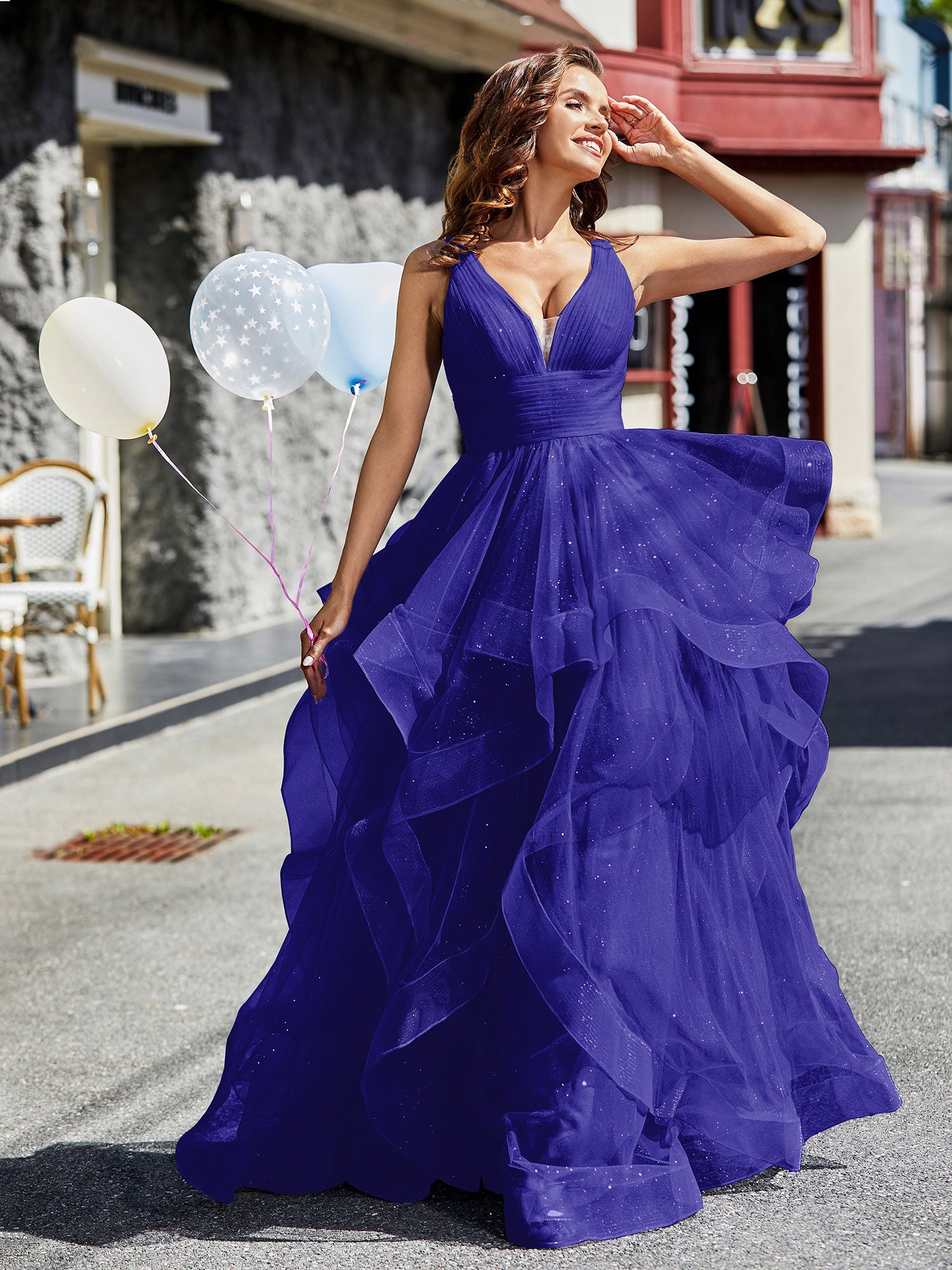 BABARONI BABARONI Tulle Royal Blue Prom Dresses A-line Plunging V-Neck Sleeveless Ruffle Pleated, Royal Blue / US0