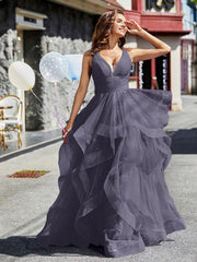 V-Neck Sleeveless Tulle Ball Gown Sunset