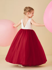 Satin Tulle V-Back Floor-length Flower Girl Dress Burgundy