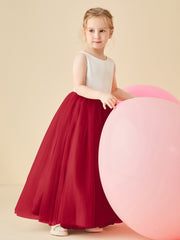 Satin Tulle V-Back Floor-length Flower Girl Dress Burgundy