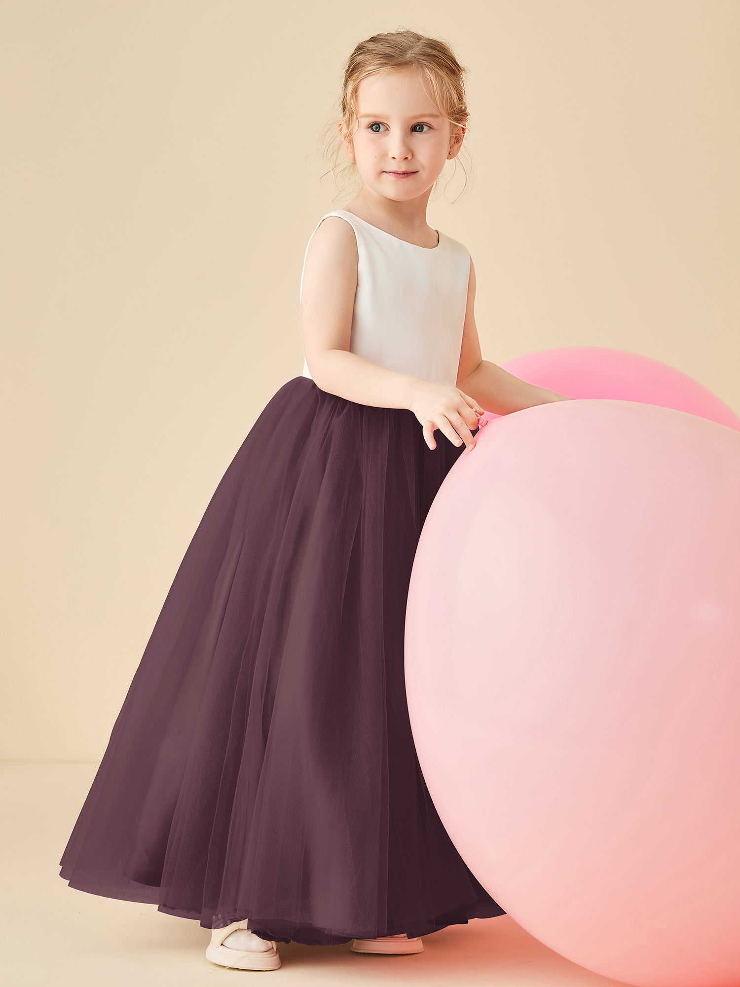 Satin Tulle V Back Floor length Flower Girl Dress Cabernet BABARONI