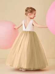 Satin Tulle V-Back Floor-length Flower Girl Dress Champagne