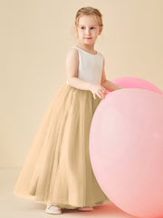 Satin Tulle V-Back Floor-length Flower Girl Dress Champagne