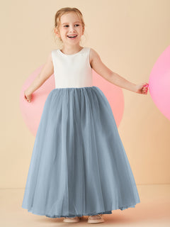 Satin Tulle V-Back Floor-length Flower Girl Dress Dusty Blue