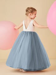 Satin Tulle V-Back Floor-length Flower Girl Dress Dusty Blue