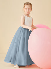 Satin Tulle V-Back Floor-length Flower Girl Dress Dusty Blue