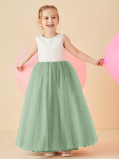 Satin Tulle V-Back Floor-length Flower Girl Dress Dusty Sage