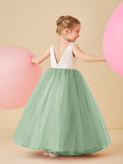 Satin Tulle V-Back Floor-length Flower Girl Dress Dusty Sage