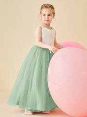 Satin Tulle V-Back Floor-length Flower Girl Dress Dusty Sage