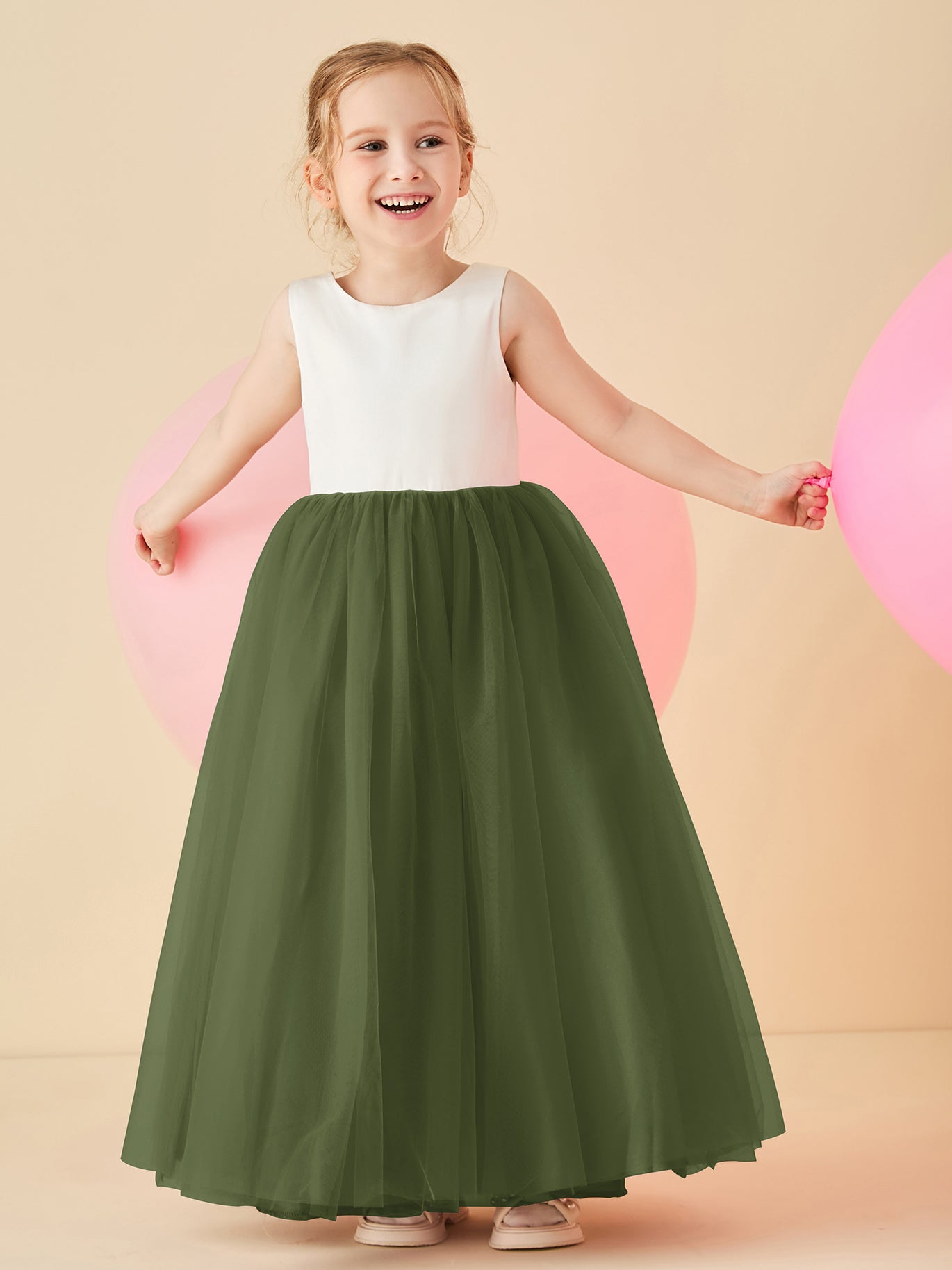 olive green flower girl dress Junior Bridesmaid Long Tulle Dress with 3D floral shoulder main image 1