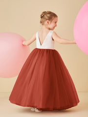 Satin Tulle V-Back Floor-length Flower Girl Dress Rust