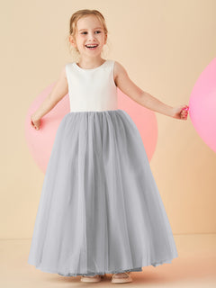 Satin Tulle V-Back Floor-length Flower Girl Dress Silver