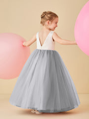 Satin Tulle V-Back Floor-length Flower Girl Dress Silver