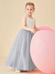 Satin Tulle V-Back Floor-length Flower Girl Dress Silver